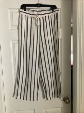 JCrew Factory striped paperbag drawcord wide leg pants in linen-cotton blend